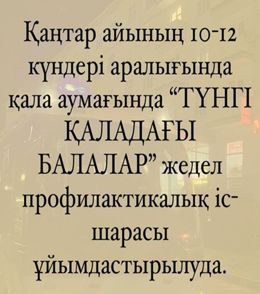 Қантар айының 10-12 күндері аралығында қала аумағындағы "ТҮНГІ ҚАЛАДАҒЫ БАЛАЛАР" рейді